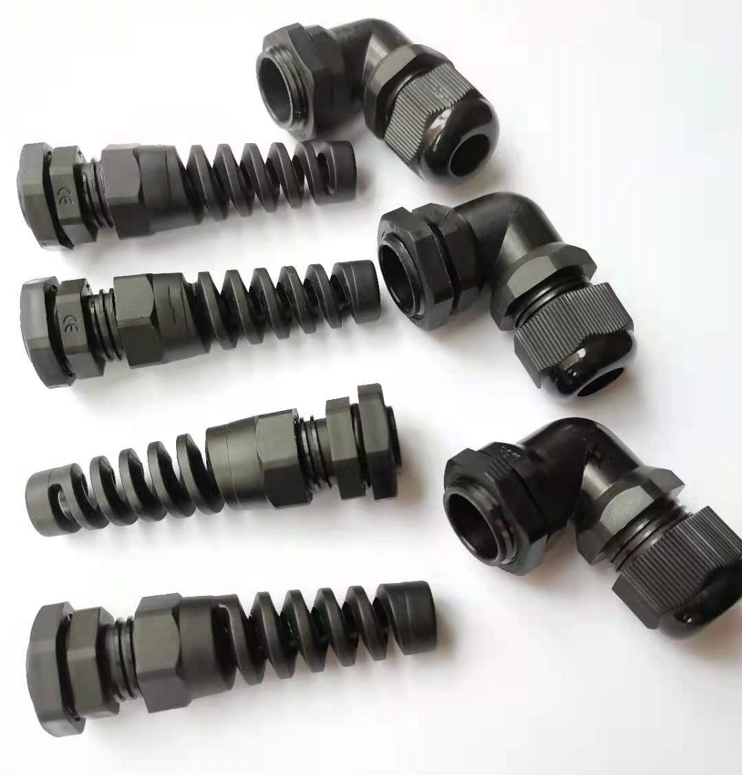 IP68 P/M style nylon cable glands with spiral flex protector
